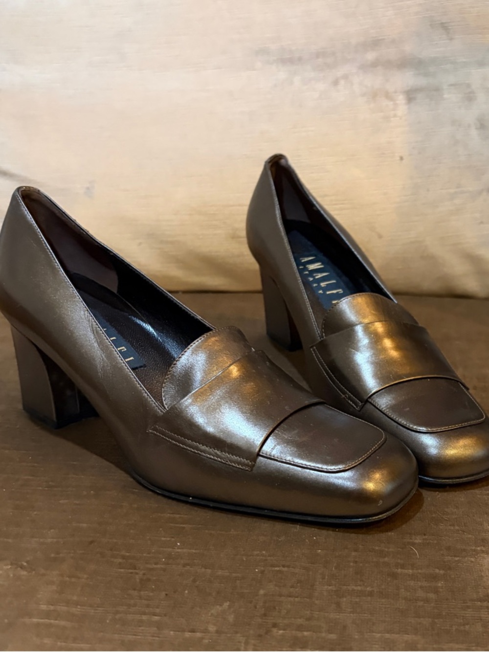 Amalfi Bronze Metallic Leather Block Heel Loafers